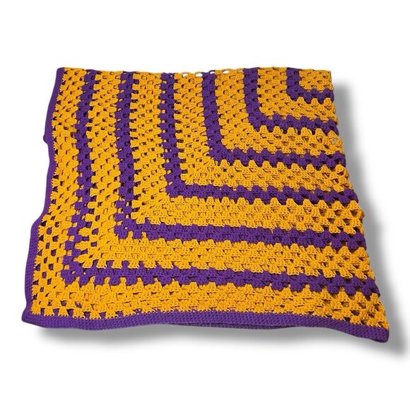 Afghan Blanket Purple Gold Granny Square  36 X 36 - Picture 6 of 7